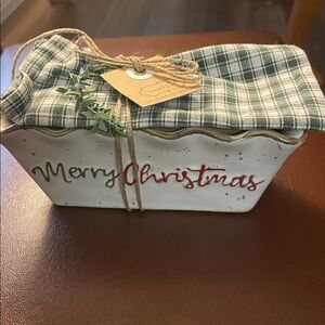 NEW Mud Pie "Merry Christmas" ceramic Mini Baker Loaf Pan & Check Towel SET